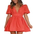 thumbnail image 1 of PENGXIANG Robe d'Été Décontractée pour Femmes en Ligne A Couleur Unie avec Col en V Profond, 1 of 5