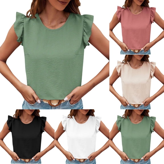 Bixock Women's Summer Tank Tops Casual Sleeveless Shirts Blouse for Women Solid Color Round Neck Tank Top Ruffle Hem Bow Back Casual Loose Lightweight Shirts