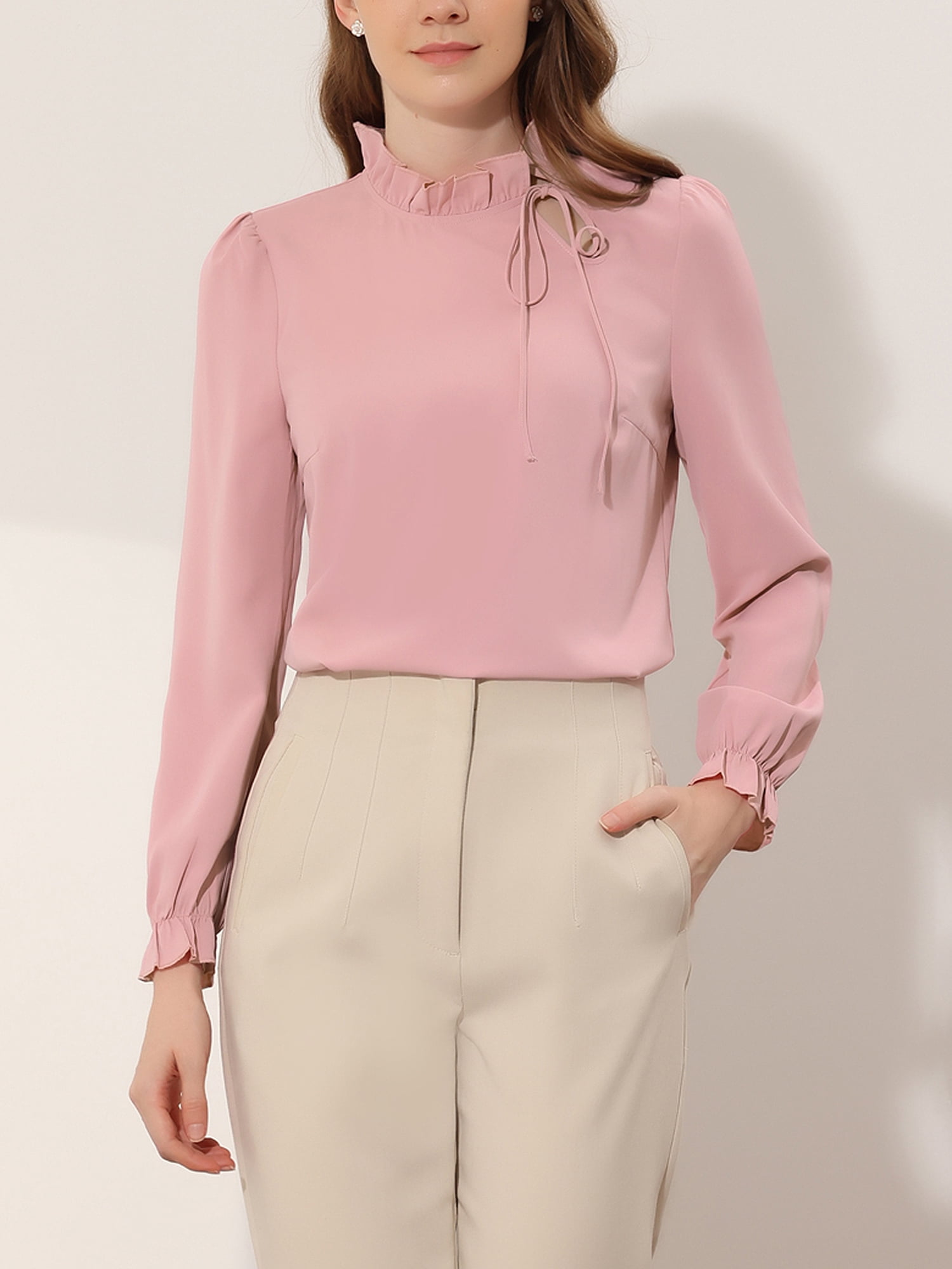 DARING DIVA Women's Spring Blouse Long Sleeve Ruffle Tie Neck Business Top S Pink