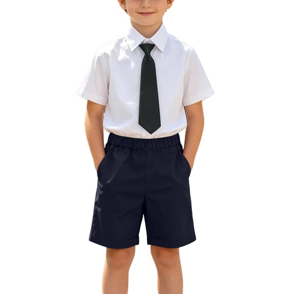 FSYBOA Boys Cotton Outfit Sets Size 10-12T, 2 Piece Collared Soft School Uniform Kids Summer Shirts and Shorts Black