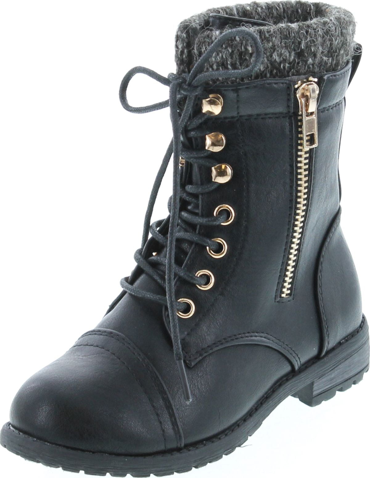 Black Lace Up Preschool Girls Booties Military Kids Ankle Boots Youth Shoes 
