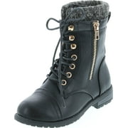 STATIC FOOTWEAR Link Mango-31 Girls Kids Round Toe Military Lace Up Knit Ankle Cuff Low Heel Combat Boots, Black, 13