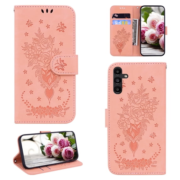 Folio Wallet Case for Samsung A13 4G, Flower Patterned Embossed Premium PU Leather Flip Stand Card Slots Magnetic Closure Wristlet Case For Samsung Galaxy A13 4G, Pink