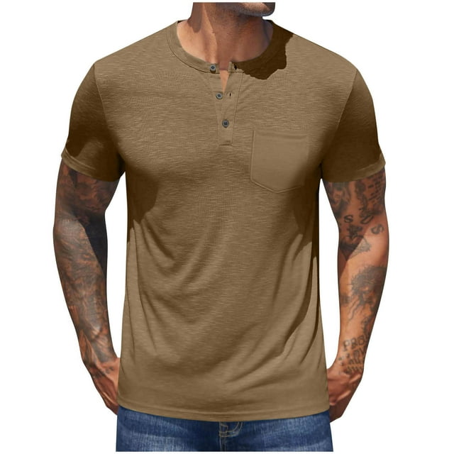 Besolor Men's Short Sleeve T-Shirt Classic Crew Neck Button Casual Solid Color Summer Basic Tees Shirt