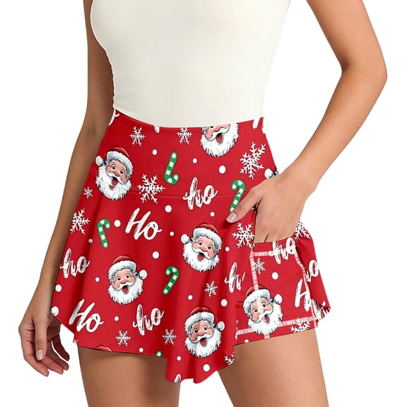 xfsWaSs Tennis Skirts for Women Christmas Santa Print High Waisted Workout Skorts Cute Printed Athletic Golf Skorts Skirt with Shorts Pockets