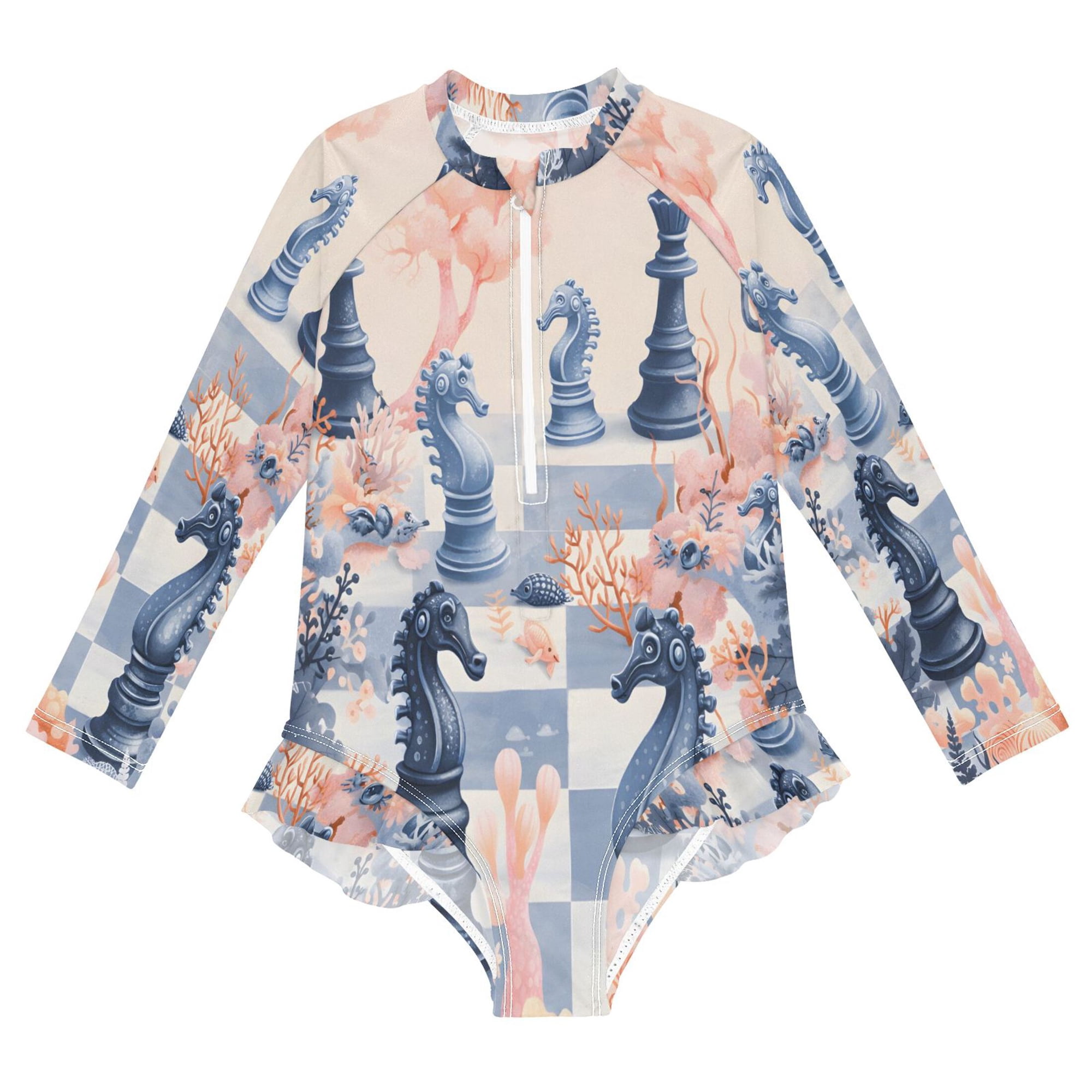 YAZAOO Swimwear Chess Coral For Long Sleeve One-Piece Swimsuit UPF 50 And UV Protection Quick Dry Chlorine Resistant
