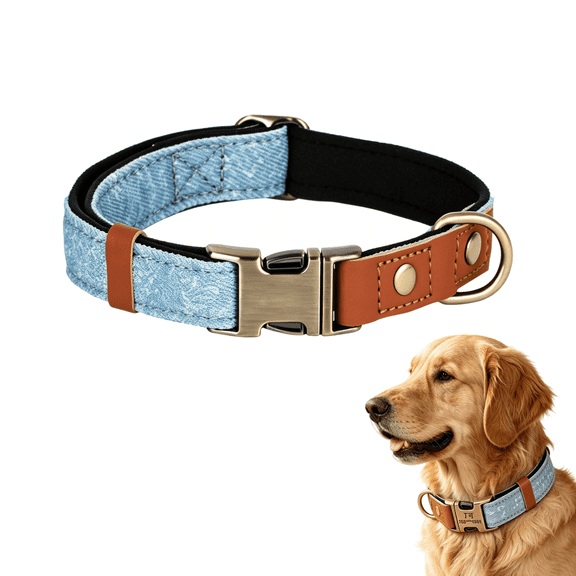 Prichor Vintage Denim Dog Collar, Retro Blue Fabric Collar, Adjustable Heavy Duty Pet Collar with Quick Release Metal Buckle for Small Medium Dogs