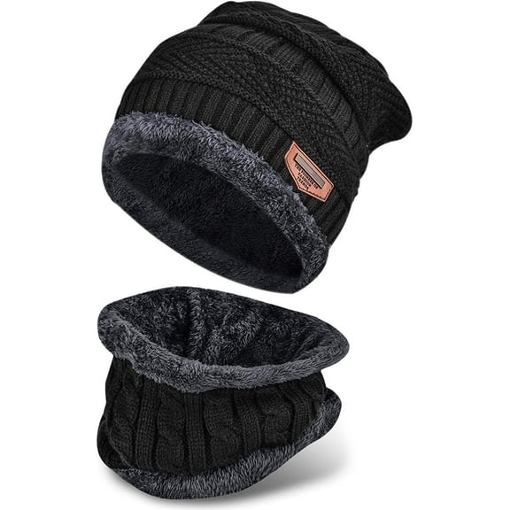 GRNSHTS Winter Beanie Hats Scarf Set Thick Warm Slouchy Beanies Hat Knit Skull Cap Neck Warmer for Men Women (Black)
