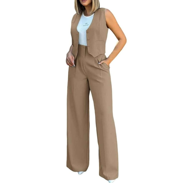 Kcodviy Womens Elegant Solid Color Suits for Ladies Suit Vest Tank Cardigan Plus Size Pant Suits Pockets Tops Wide Leg Rompers with Train for Women Pants Suit
