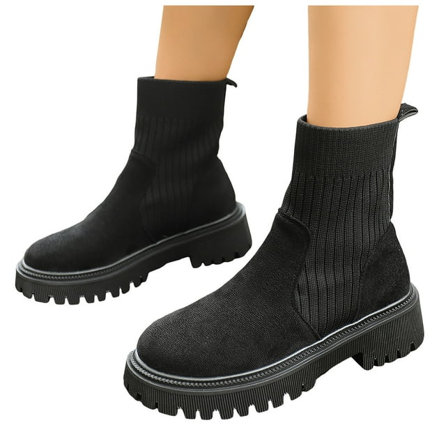 Rokment Bottes de Combat à Plateforme pour Femmes 2025 Automne Hiver Mode Suède Tricot Patchwork Extensible Talon Épais Mi-Mollet Courtes Robe Bottines à la Cheville