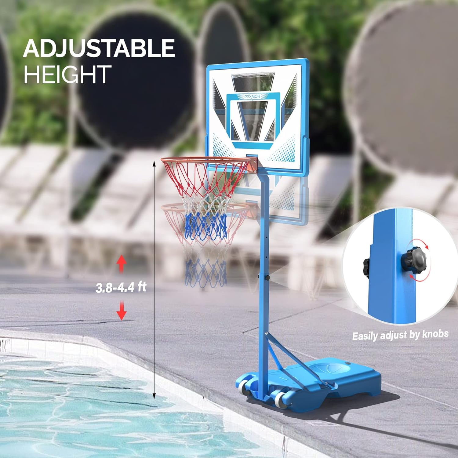 PEXMOR Pool Basketball Hoop Poolside, Portable 45-53" Height Adjustable Basketball Goal System for Swimming Pool w/Wheels, Upgraded Water Basketball Backboard Stand for Indoor Outdoor