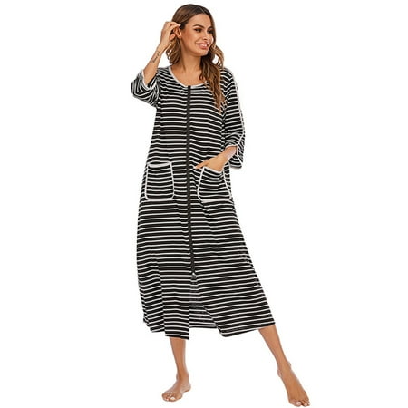 

Womens Zipper Front Housecoat Long Sleeve Nightgown Maxi Houedress with Pockets Round Neck Stripped Loungewear Pajamas Dress Plu Size Casual Nightshirt Sleepwear S-2XL Black