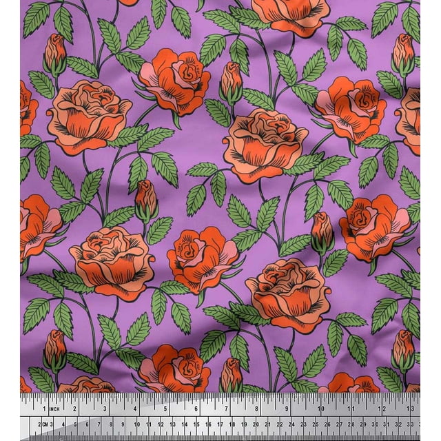 Soimoi Tissu Popeline de Coton Imprimé Feuilles & Roses au Mètre 56 Pouces de Large