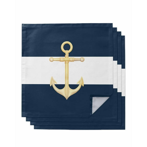 Yellow Anchor Nautical Cloth Napkins Set of 4, Navy Blue White Striped Washable Reusable Dinner Cocktail Napkin for Kitchen Party Wedding Banquet Holiday Baby Shower Table Decor