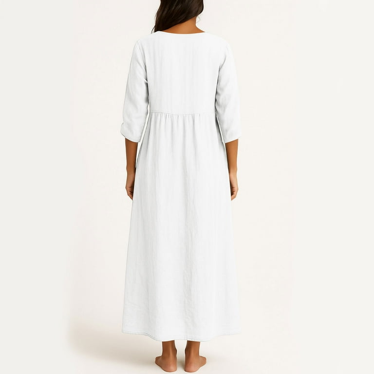 Jggspwm Linen Dress Women V Neck Long 3/4 Sleeve Tunic Boho Maxi Dress Casual Spring and Autumn Plain Flowy Beach Vacation Dresses White M, Women's,