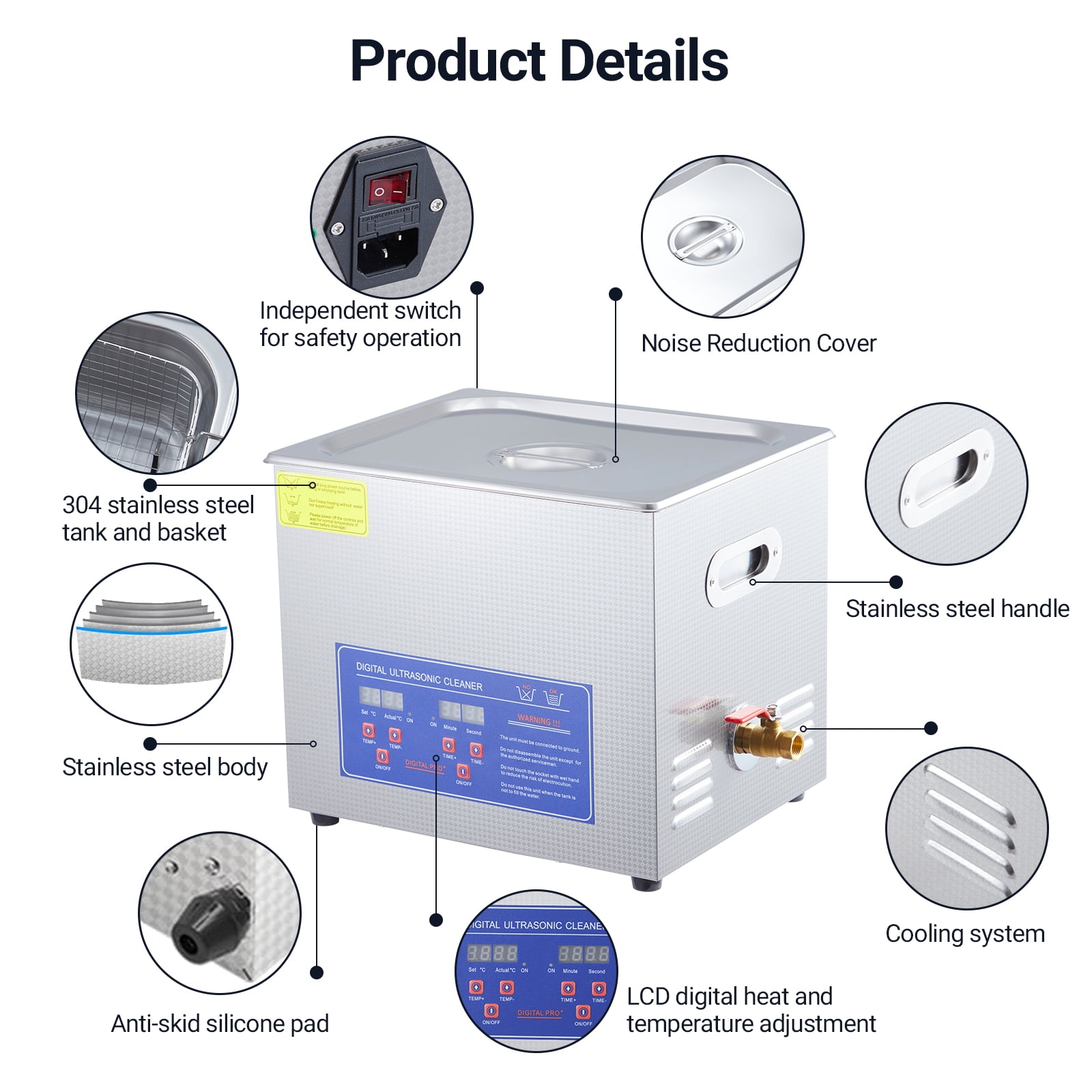 Garvee 10L Professional Ultrasonic Cleaner. Commercial Grade 2.6 Gallon Parts Cleaner with Digital Timer & Heater. 40kHz with Digital Timer & Heater for Jewelry. Watches. Eyeglasses. Metal Parts