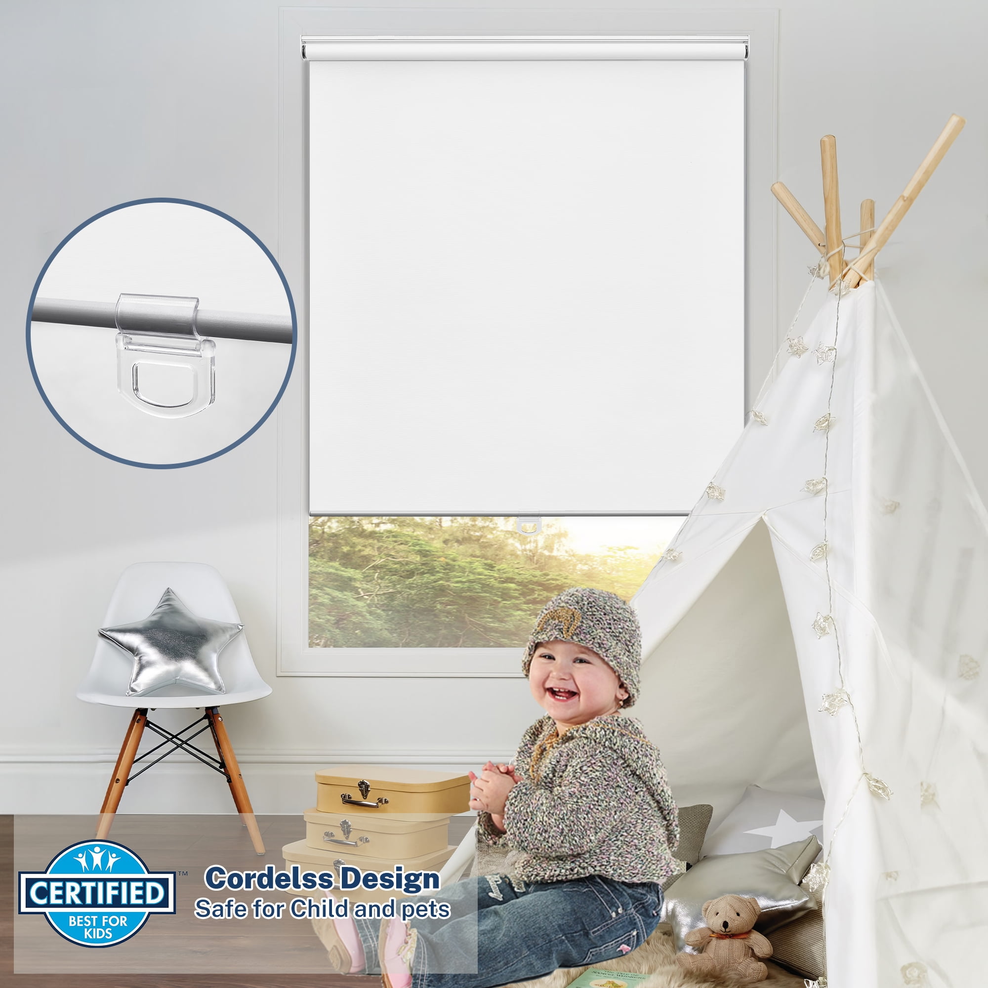 Keego Cordless Roller Blinds for Window 100% Blackout Privacy Bedroom Shade UV Protection Blinds for Office and Home, White, 47"W x 72"H