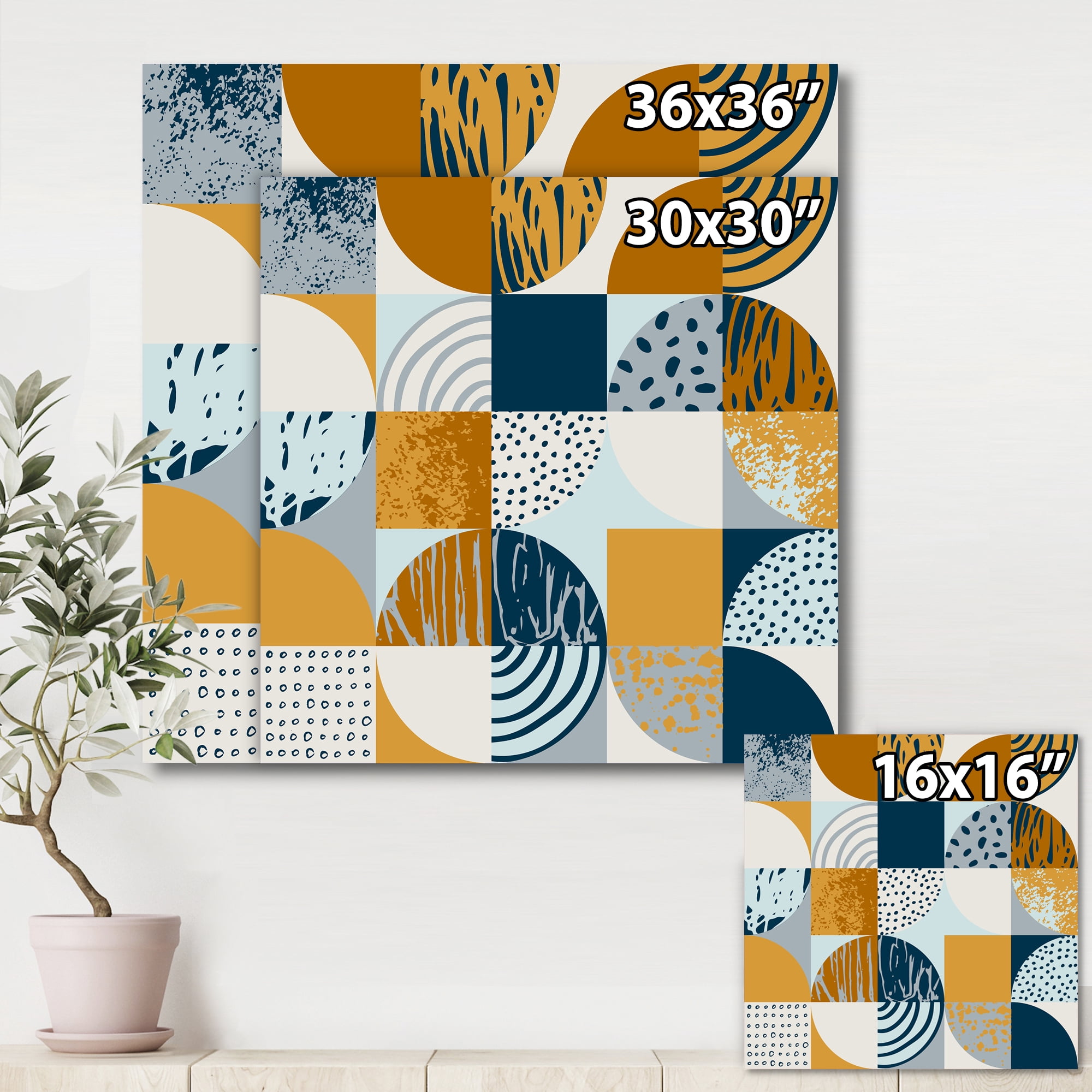 Retro Semicircles Squares and Circles 16 in x 16 in Painting Canvas Art Print, by Designart