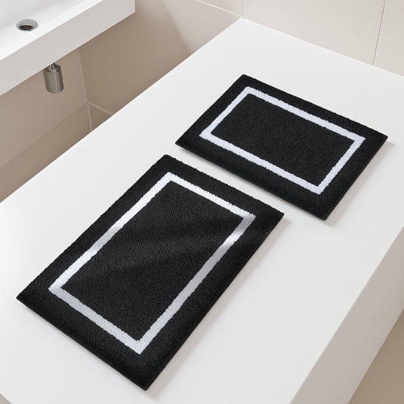 SWOEBTH 2 Piece Bathroom Rug Set, Microfiber Bath Mats, Non-Slip Absorbent, Machine Washable, 17x24 and 20x32 Inch, Black and White