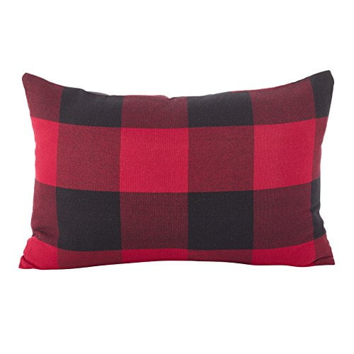 SARO LIFESTYLE Buffalo Check Plaid Design Cotton Down Filled Throw Pillow, 13" x 20", Red