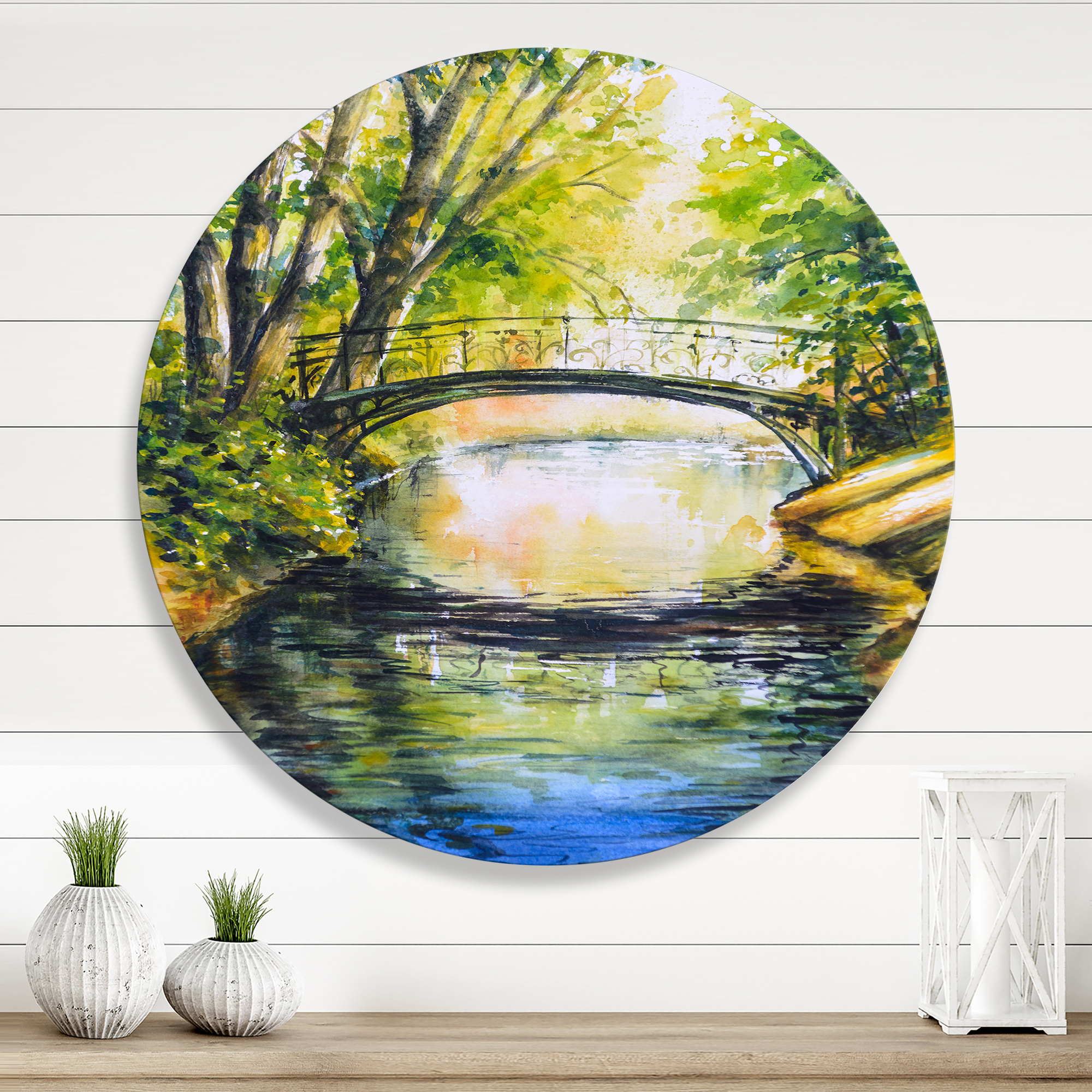 Designart 'Forest Park With Bridge Over Troubled Water' Lake House Circle Metal Wall Art 11x11 - Disc of 11