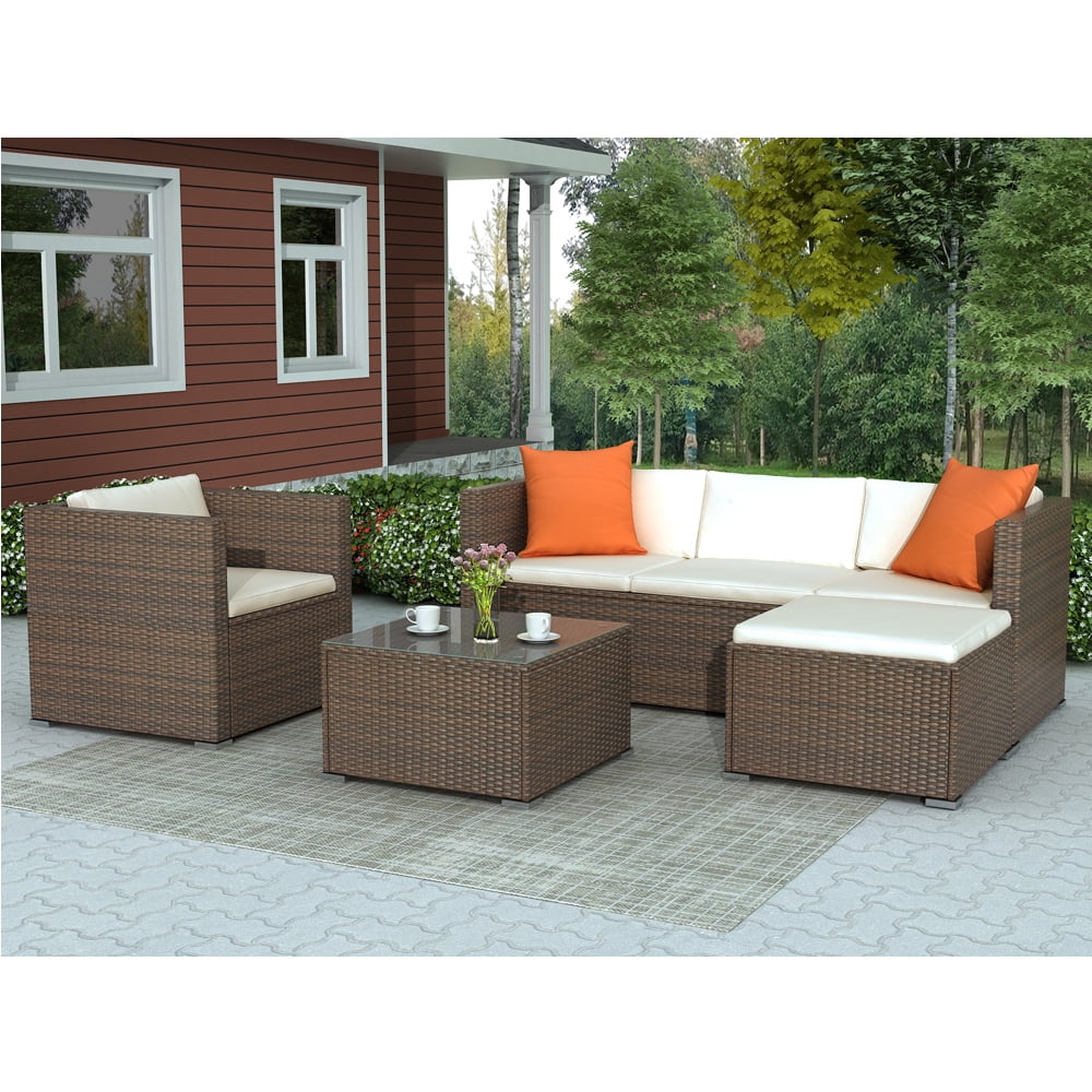 Wicker Sectional Table and Chairs Sets, 4 Pieces Outdoor Wicker Patio Furniture Set with Sectional L-Shaped Chaise Longue, Armchair, Tempered Glass Table, Cushions, for Porch Backyard Garden, S2024