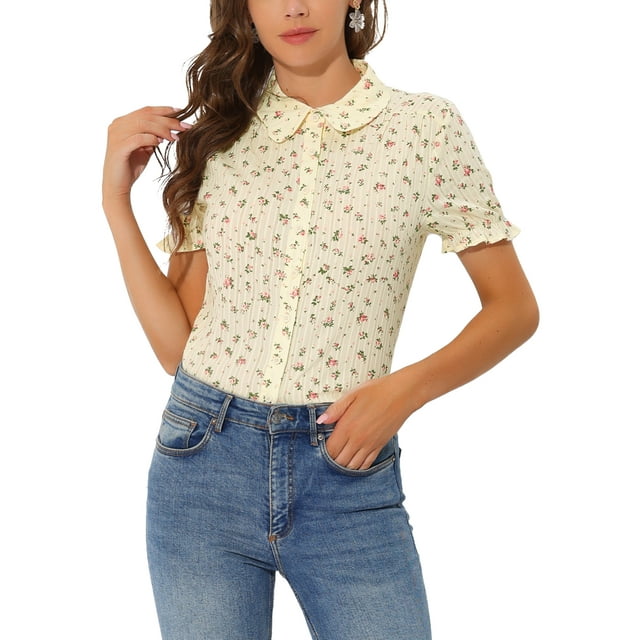 INSPIRE CHIC Hauts à Volants pour Femmes Manches Bouffantes Col Peter Pan Blouse en Coton à Imprimé Floral S Beige