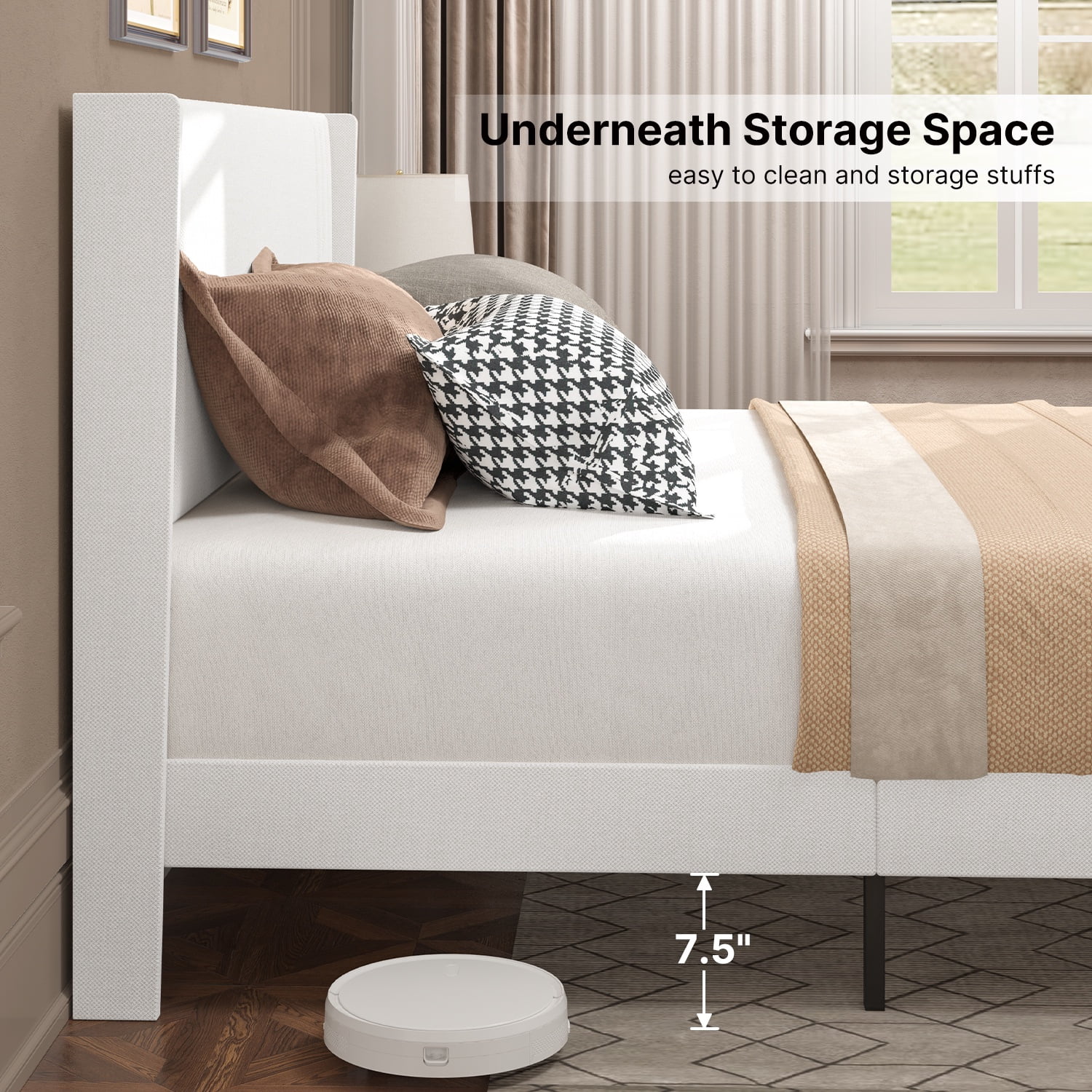 Asofer Queen Bed Frame, Upholstered Platform w/Wingback Headboard & Wood Slats - Quiet, White