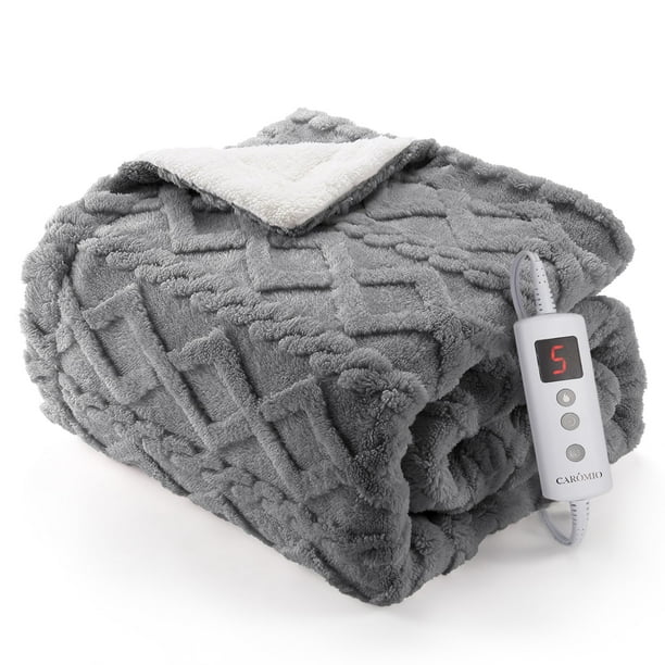 CAROMIO Manta calefactora – Manta eléctrica Sherpa gruesa con 10 niveles de calefacción y 10 ajustes de tiempo, manta de calentamiento rápido lavable a máquina con certificación ETL de 50 x 60 pulgada
