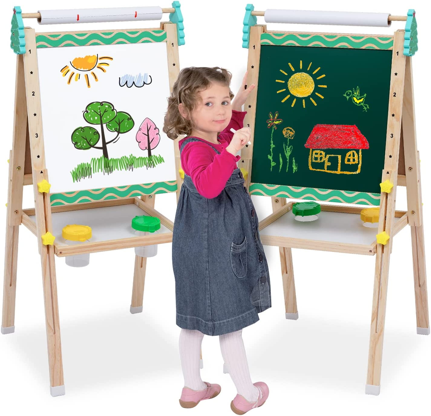 Kids Easel Including 100+ Accessories, Rundad Double Sided Wooden Easel for  Kids Age 3-8 with Magnetic Chalkboard & Painting Board, Free Height