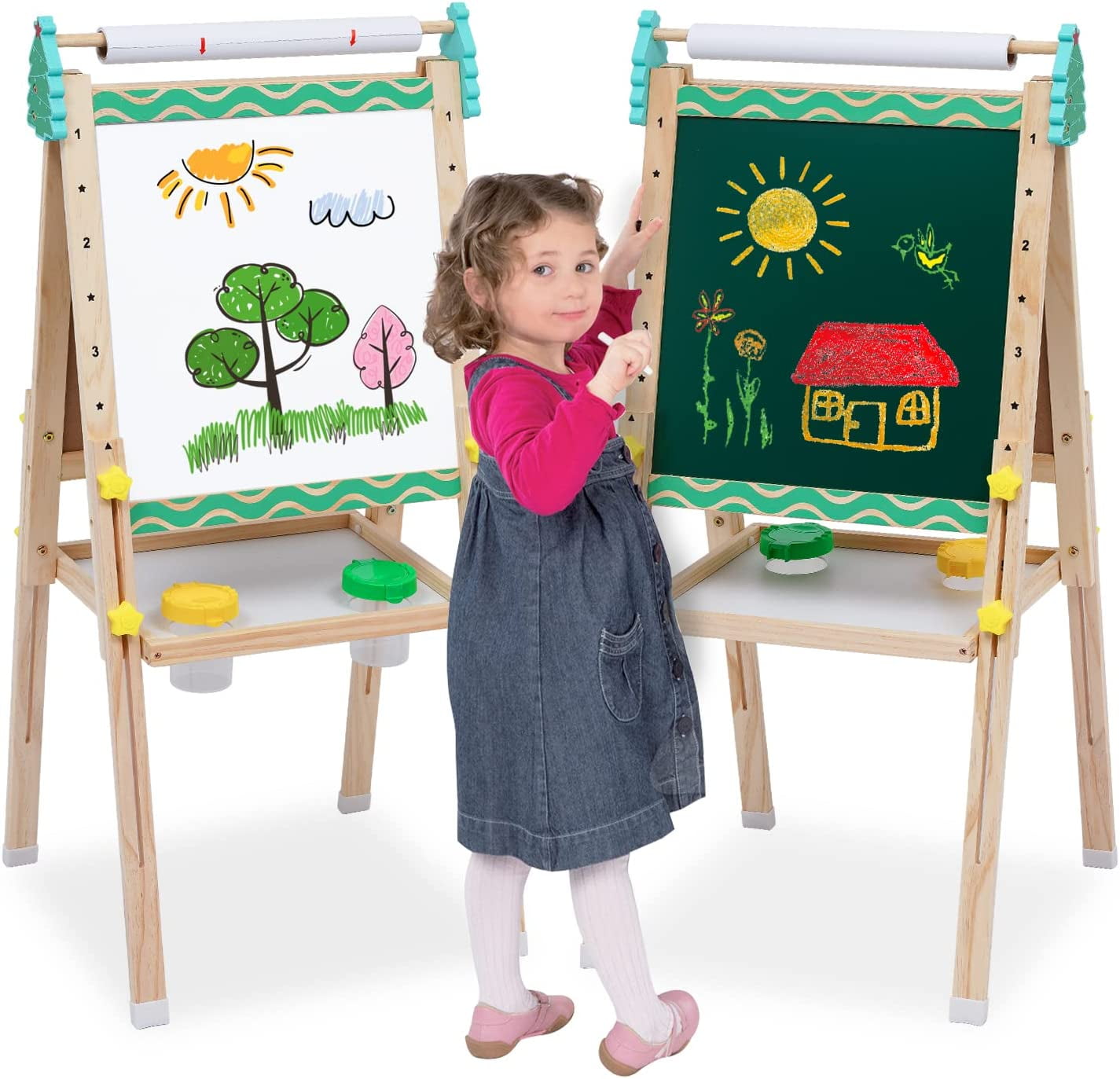 Kids Easel with Paper Roll Wooden Art Easel with Chalkboard