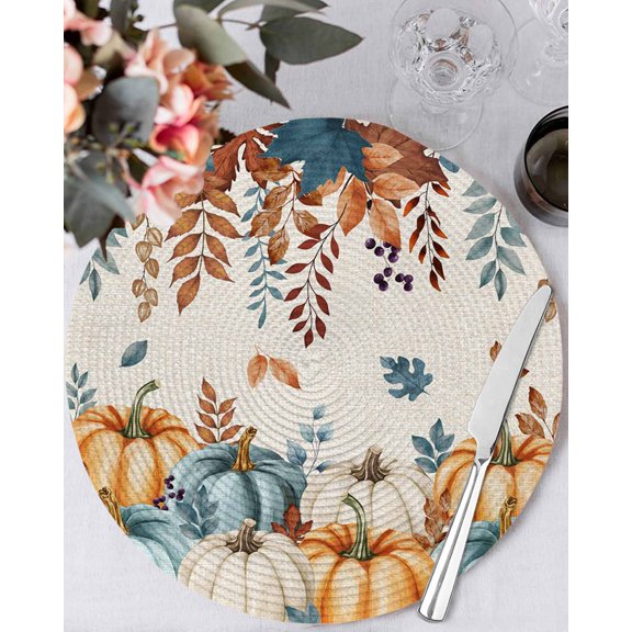 13 Inch Round Placemats Set of 6, Orange Blue Fall Non Slip Heat Insulation PP Table Mats, Thanksgiving Pumpkins Harvest Botanical Rustic Washable Place Mats for Kitchen Dining Party Table Decor