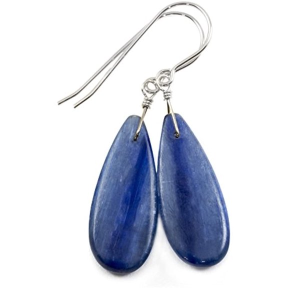Sterling Silver Blue Kyanite Earrings Smooth Teardrops Simple Casual Pear Dangle Drops 1.6" Designed for Adult Women
