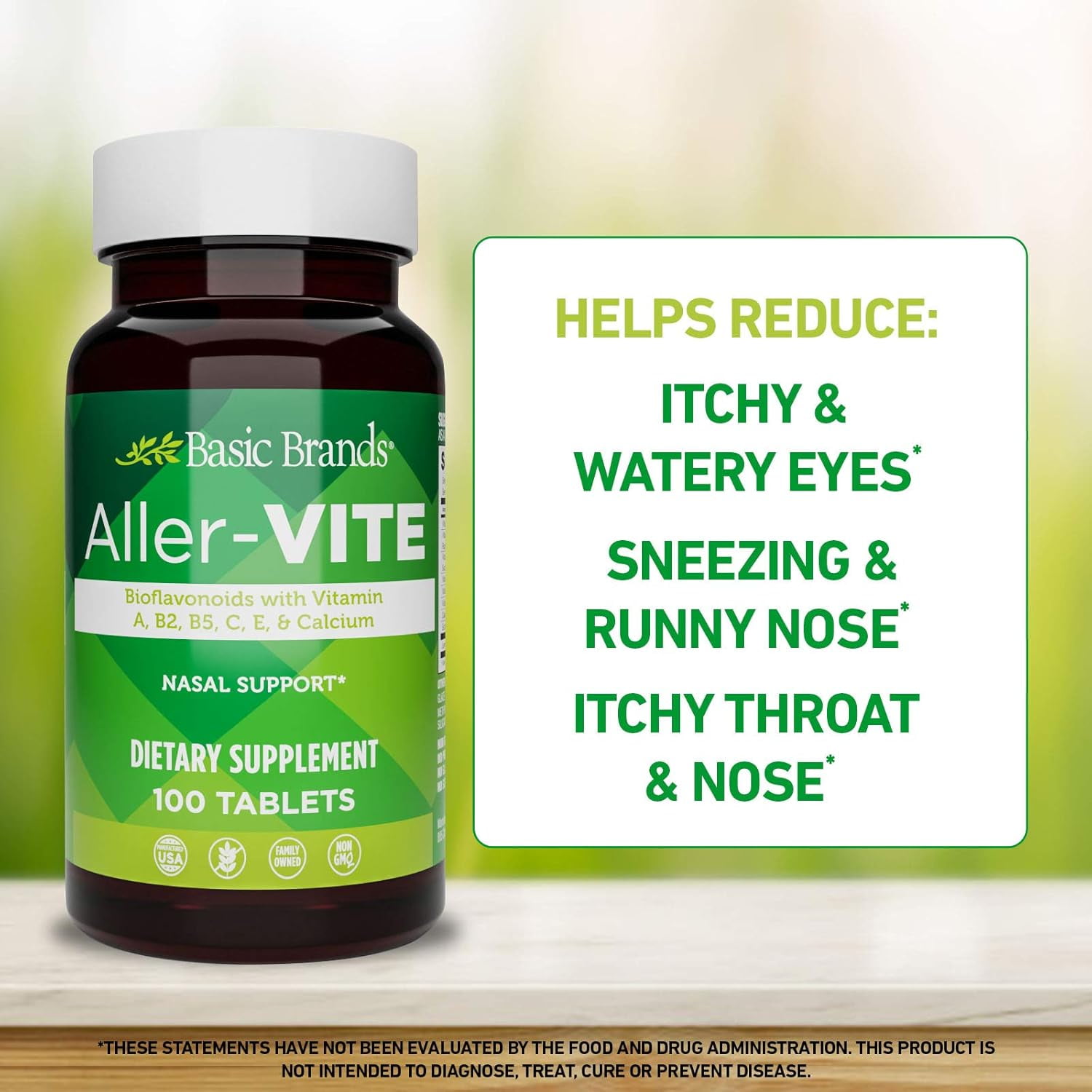 Basic Brands Aller-Vite Bioflavonoid Nasal Support for Itchy Eyes & Runny Nose, 200 Tablets