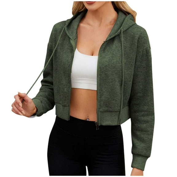 Hoodies Cropped for Women Long Sleeve Zip Up Hooded Sweatshirt Short Casual Loose Solid Color Jacket with Hood (Army Green L)