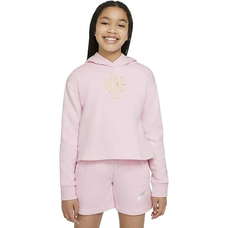Nike Sportswear Big Kids Girls French Terry Hoodie Medium Pink Foam/White
