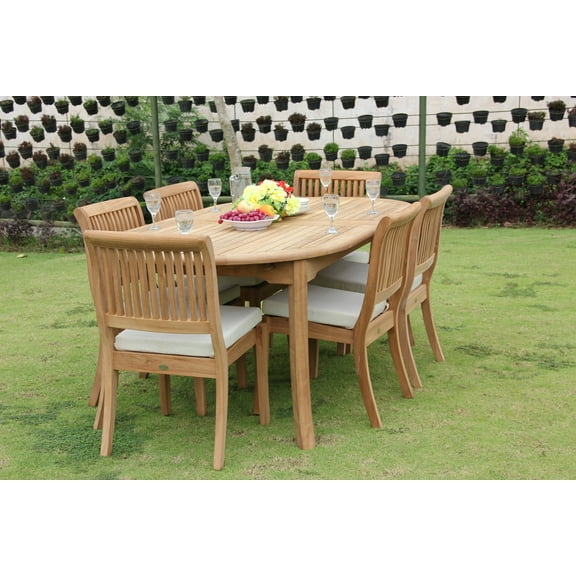Teak Dining Set: 6 Seater 7 Pc: 117" Double Extensions Oval Dining Table & 6 Arbor Stacking Armless Chairs Outdoor Patio Grade-A Teak Wood WholesaleTeak #WMDSAB25