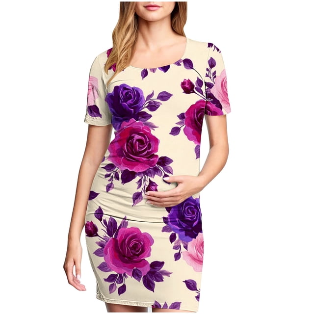 yoeyez Robes de Maternité pour Femmes à Manches Courtes, Col Rond, Robes à Fleurs, Robe Moulante en Coton de Maternité, Vêtements de Maternité pour Femmes Enceintes Multicolore, TG