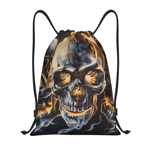 Kdxio Fiery Skull Trio Pattern Drawstring Bag for Gym Sports School Travel Lightweight Sackpack with Adjustable Cords Waterproof Fabric-Small