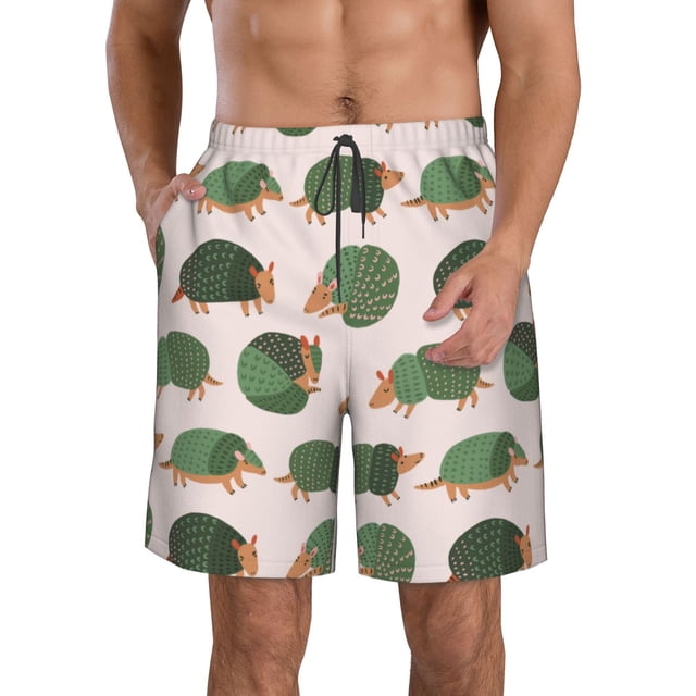 Sikiie Cute Armadillo Print Men's Beach Shorts, High Elastic Quick-drying Shorts - with Drawstring and Slip Pockets, Suitable for Beach, Sports, Vacation-Small