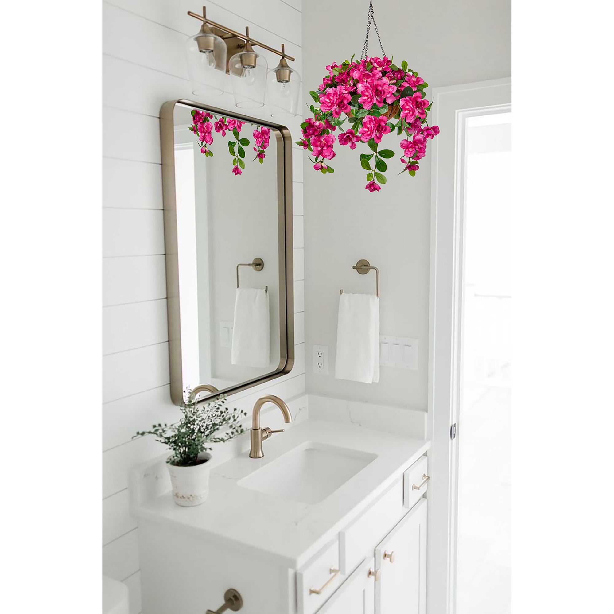 Fake Hanging Flowers with Basket, Artificial Bougainvillea Silk Plants Faux Spring Flowers for Outdoor Front Porch Patio Garden Balcony Decorations, Pink