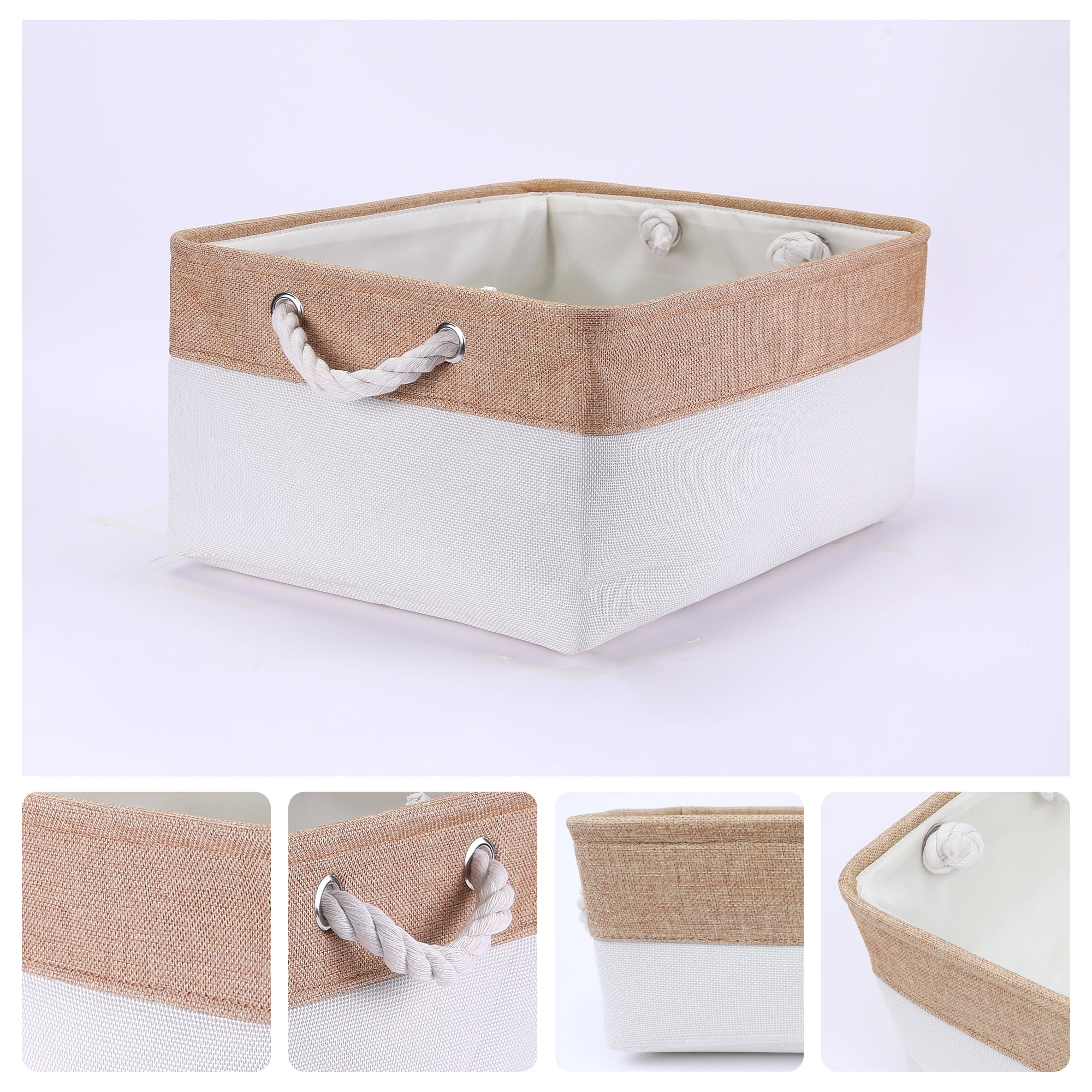 Unique Bargains Storage Bin with Handle Fabric Cube Beige/Brown 16*12.5*8in