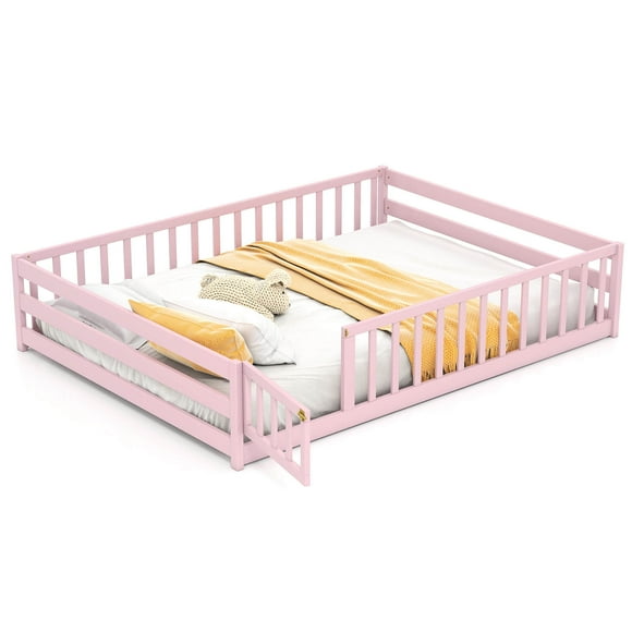 Costway Full Size Floor Bed with Full Length Safety Guardrails & Door for Boys, Girls Pink