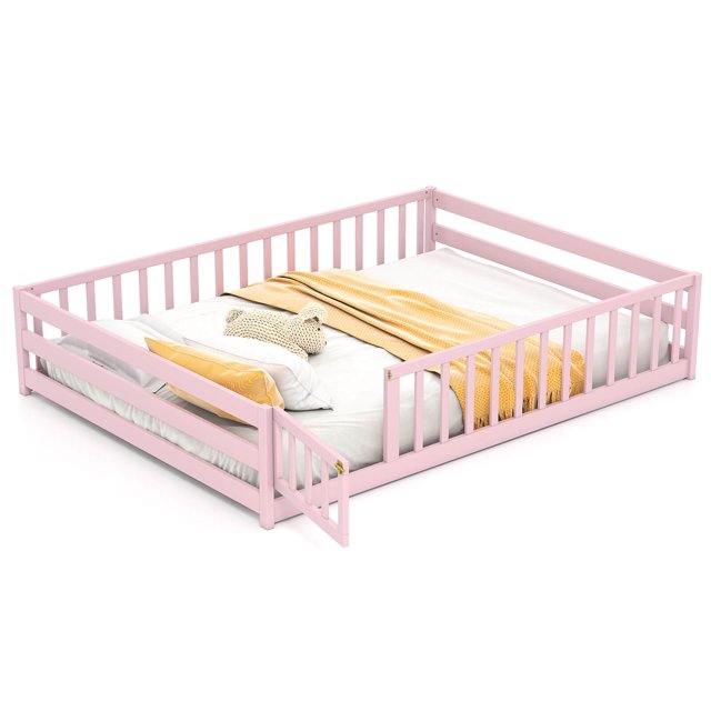 Costway Full Size Floor Bed with Full Length Safety Guardrails & Door for Boys, Girls Pink