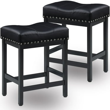 Bar Stools Set of 2, Counter Height Bar Stool, Black Fabric Saddle Barstools, Kitchen Island Stools with Nailhead, Matt Black Metal Legs