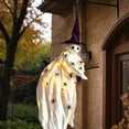 thumbnail image 1 of Lighted Flying Ghost Decor 35 Inch, Hanging Ghost Riding Broom with Purple Witch Hat, Waterproof LED Halloween Sign for Front Door, 1 Pack, 1 of 3