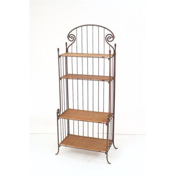 Bronze Corinthian KD Bakers Rack with Woven Rattan Shelves, Metallic