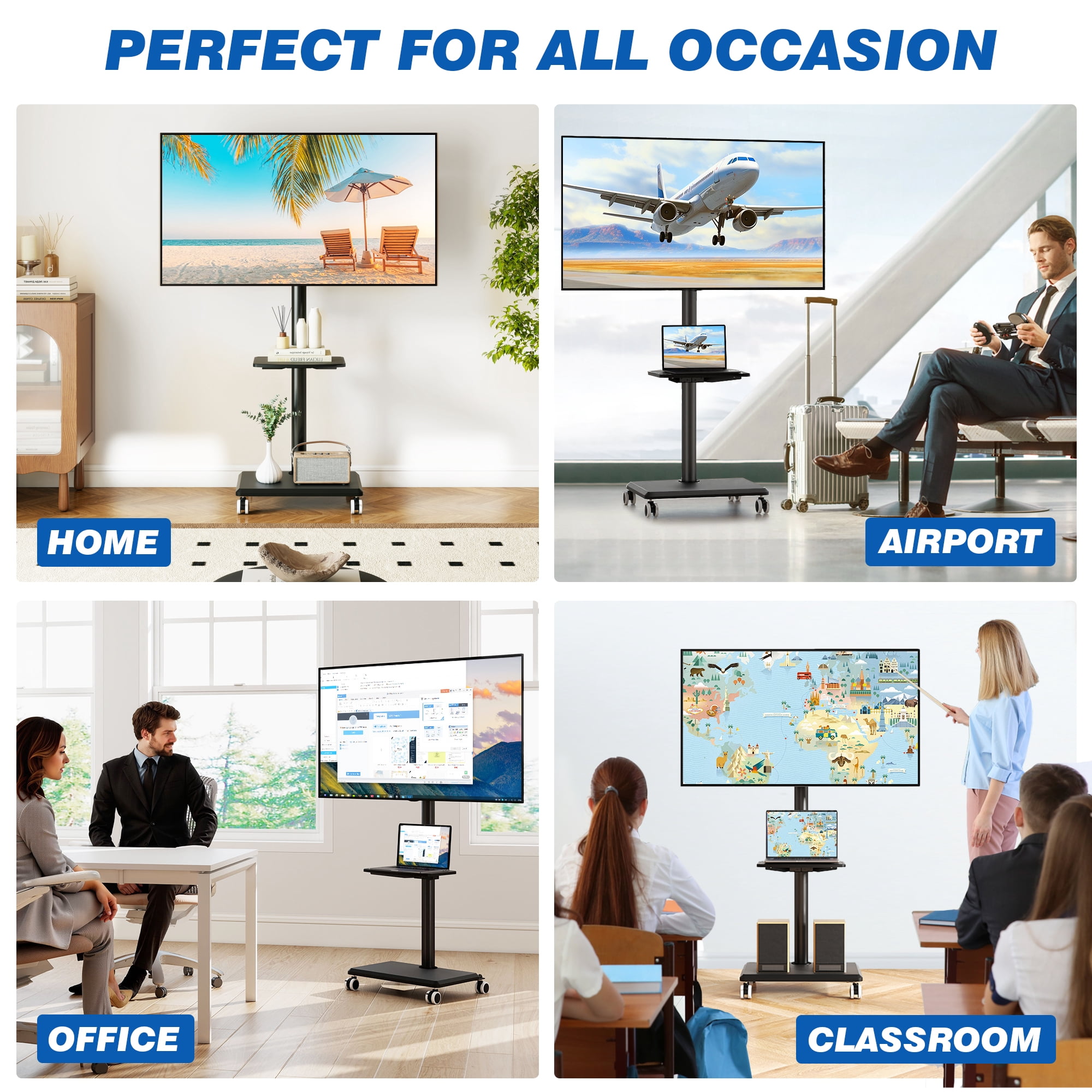 RTVR Rolling Mobile TV Cart Stand with Mount for 32-60 inch Screens, Corner Swivel TV Mount Stand with Media Shelf, Wooden Base Furniture