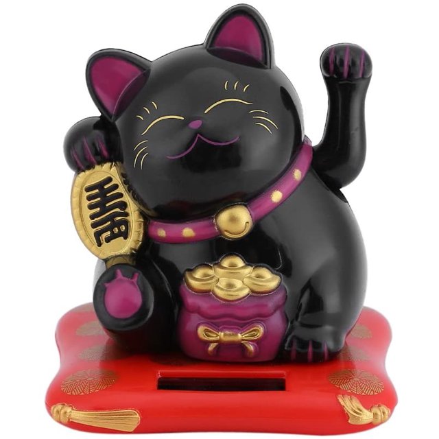 Delaman Maneki Neko Solar Powered Lucky Cat Waving Arm, Fortune Cat (Black)