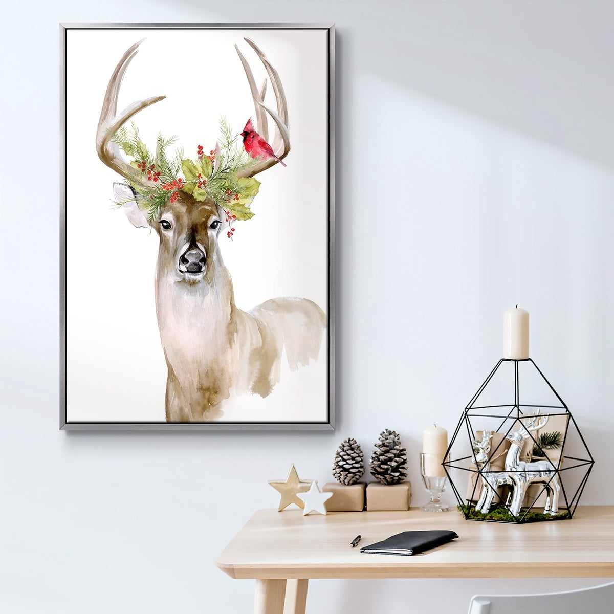 Holiday Deer I - Framed Gallery Wrapped Holiday Canvas - 25 x 37 - Silver Frame